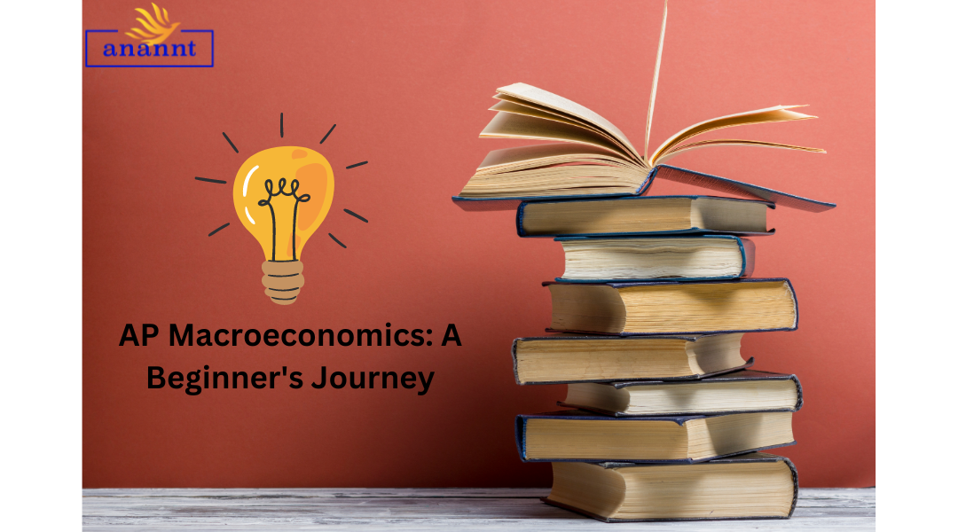 Stack of books with a light bulb illustration above, titled 'AP Macroeconomics: A Beginner's Journey